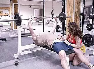 Mara Martinez with big boobs gets surprised by a stranger at the German gym and lets him cum inside.