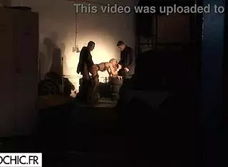 One Blonde Babe Gets Fucked By Two Men While Voyeur Watches