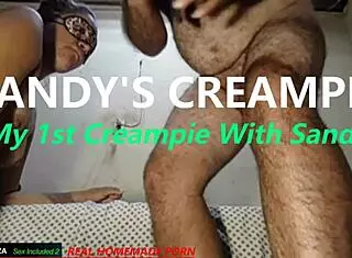 Sandy bent over for deepthroat before her first creampie