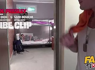 in the fake hostel, horny teen 18+ licks and deepthroats stranger's cock while boyfriend bathes