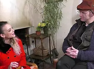 Cute European pornstar with big tits sucks elder man's cock passionately