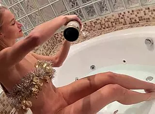 I see this hot skinny blonde with small tits play with big dick in kitchen and bathroom.