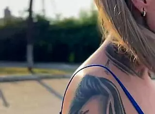 Blonde amateur shows natural tits and pussy in public market, gets blowjob and muff diving in stockroom