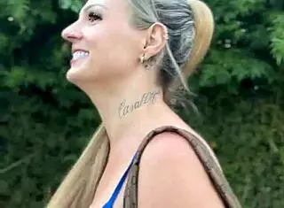 Blonde amateur shows natural tits and pussy in public market, gets blowjob and muff diving in stockroom