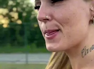 Blonde amateur shows natural tits and pussy in public market, gets blowjob and muff diving in stockroom