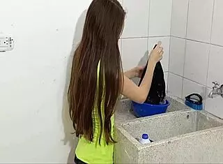 Hot Stepsister Distracted While Washing Clothes