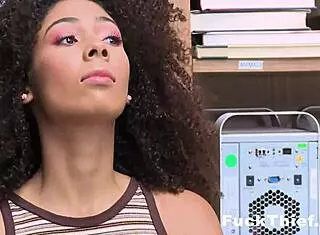 Ebony teen caught shoplifting, fingered by big cock burglar in doggystyle