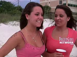 Shy girls flashing for the first time on beach