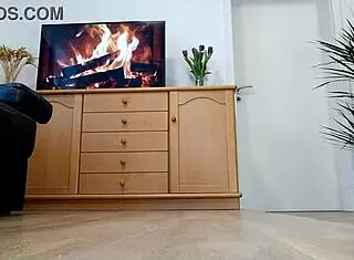 Stepmother-in-law's gray-haired pussy pees as son-in-law jerks off nearby in bottom view