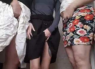 Girls in the kitchen reach six orgasms under their skirts during homemade fun