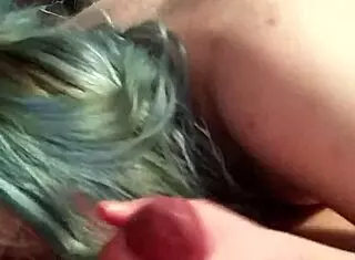Blue hair girl performs long blowjob on me