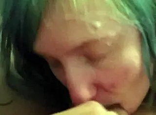 Blue hair girl performs long blowjob on me