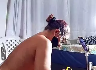 Exhibitionism in the Recording Section with Giant Dildo