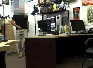 Busty woman with tattoos gets drilled in pawnshop blowjob.