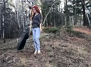 in the rough outdoor setting, she gets fucked doggystyle and facial