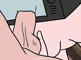 tv woman and cameraman exchange wild oral action in cartoon scene