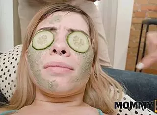 the blonde milf seduces him with her shaved pussy in the bedroom