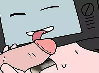 tv woman and cameraman exchange wild oral action in cartoon scene