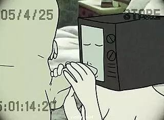 tv woman and cameraman exchange wild oral action in cartoon scene