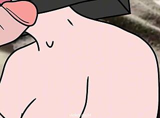 TV 여자와 카메라맨 만화 장면에서 격렬한 오럴 액션 교환