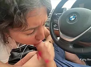 Brunette Sucks Stranger's Cock in Car and Swallows Hot Cum