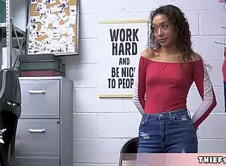 beautiful ebony teen sarah caught shoplifting and offers a freebie