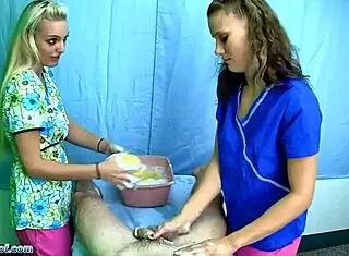 Naughty nurses Casey and JC Simpson bathe patient seductively