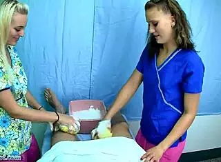 Naughty nurses Casey and JC Simpson bathe patient seductively