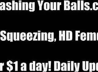 Mistress Takes Turns Busting Slave's Balls in Humiliation.