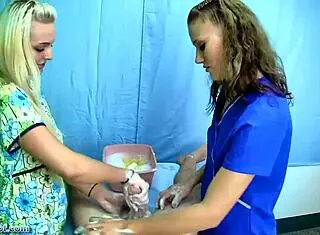 Naughty nurses Casey and JC Simpson bathe patient seductively