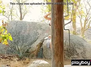 Skinny stripper slut performs outdoor striptease behind the scenes.