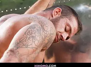 muscular gay men engage in bareback anal sex outdoors with monster cocks