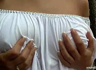 Busty teen rita masturbates outdoors, what a contrast