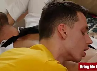 Young hunk gets bareback banged by stepdad David Lee in missionary and doggy.