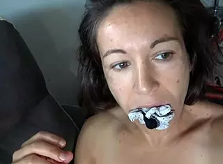 I make her eat her wet panties full of my cum close up