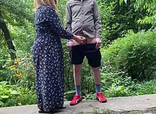 gorgeous milf helps stranger pee outside and wets herself