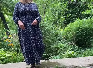 gorgeous milf helps stranger pee outside and wets herself