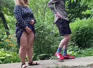 gorgeous milf helps stranger pee outside and wets herself
