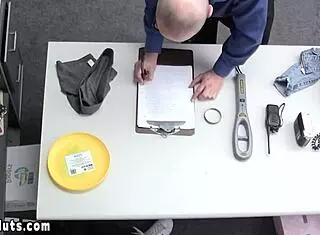 Saggy titted teen thief bent over and doggystyle fucked by LP officer in office