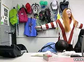 geeky blonde thief caught stealing costume, now for a quick fuck