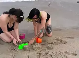 Lovely ladies pose in bikinis during beach photoshoot