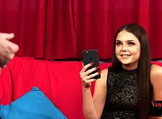 watch this classy babe in stockings seducing a guy to wank on her in cfnm