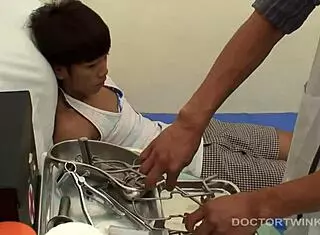 Doctor barebacks kinky gay Asian twink patient with rimjob and sucking.