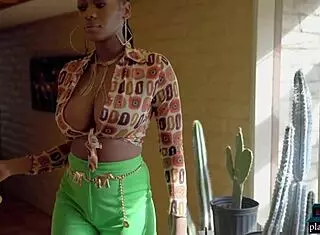 Ebony model Nyla rips clothes to show huge tits