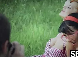 stunning lesbians with perfect tits eat pussy on retro road trip