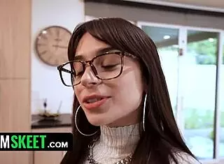 Tanned Spanish Babe with Glasses Rides Cowgirl to Please Boss