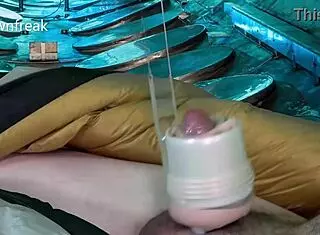 Hands-free fleshlight masturbation in shiny bag 😏