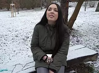 Public Agent Spanish Brunette Flashes Tits In Snow!