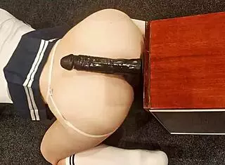 Petite teen roughly rides big black dildo with her tight pussy gripping hard!