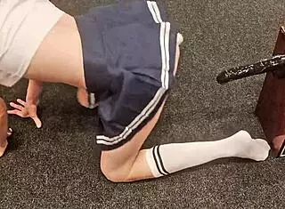 Petite teen roughly rides big black dildo with her tight pussy gripping hard!